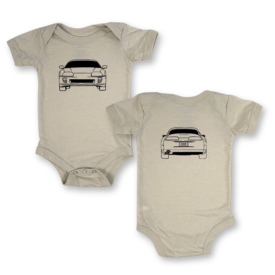 Toyota Supra MK4 Onesie for babies - Front and back outline of iconic JDM Car.  | Gearhead Kids - car clothes for kids