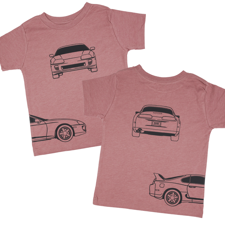 Toyota Supra MK4 T-Shirt for girls - pink in color - featuring front, back and side profiles of Supra MK4 JDM car | Gearhead Kids