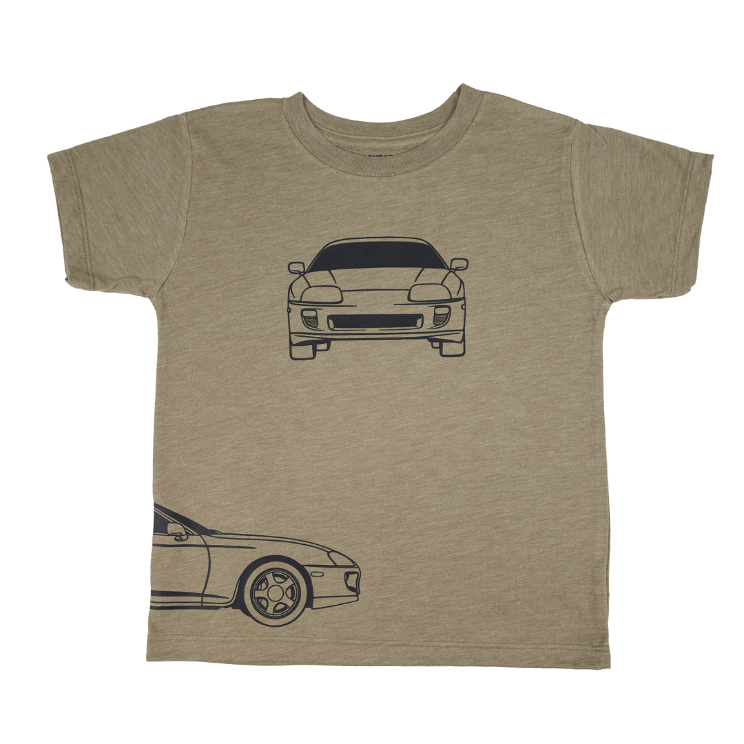 Minimalist  Olive kid's t-shirt featuring a black technical outline illustration of a Toyota Supra MK4 sports car on the front.