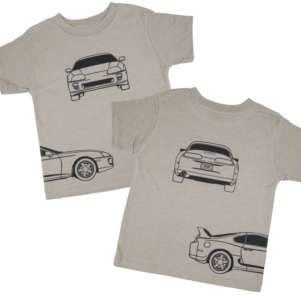 Toyota Supra MK4 t-shirt for kids in Stone Color - featuring front, back and side profiles of iconic JDM car. | Gearhead Kids
