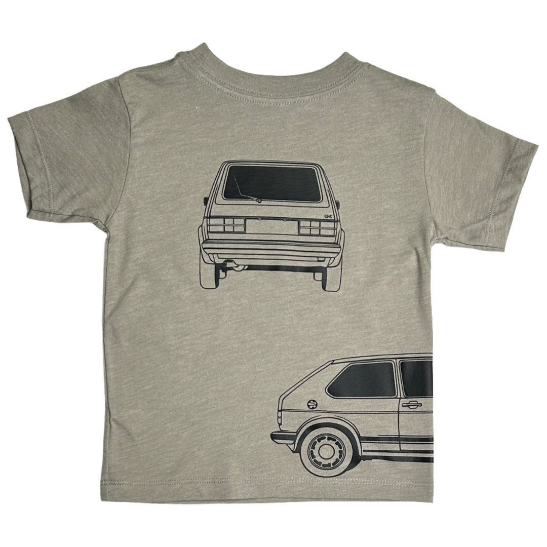 VW MK1 Golf GTI Outline t-shirt featuring front, back, and side car profiles - back view Gearhead Kids