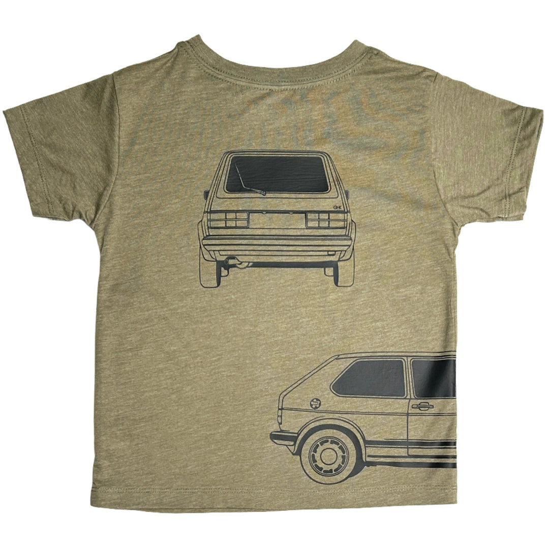 VW MK1 Golf GTI graphic t-shirt for kids in classic olive -  front view - Gearhead Kids