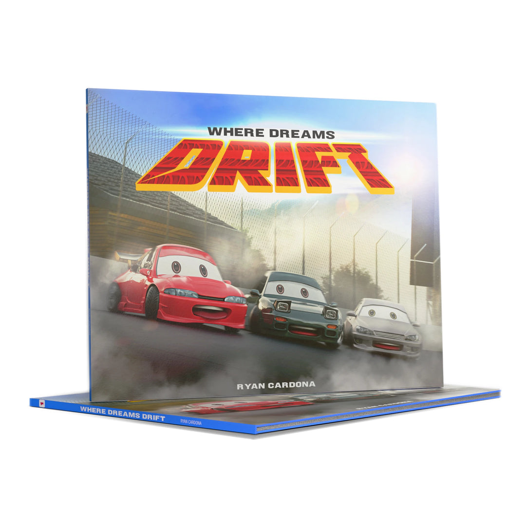Cover of Where Dreams Drift children's book by Ryan Cardona featuring animated drift cars drifting around a track.  | GEARHEAD KIDS