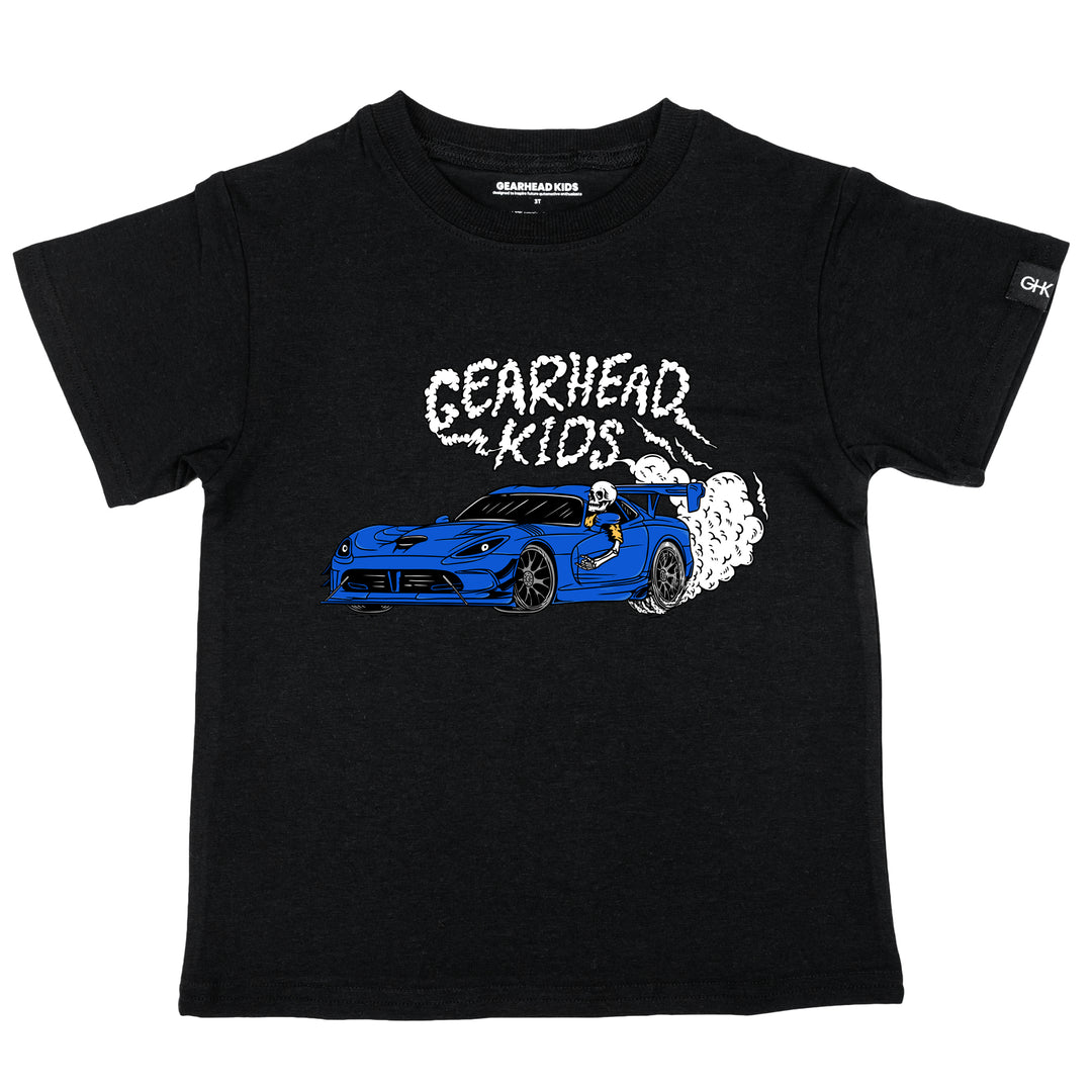 Kids black t-shirt featuring a skeleton driving a blue Dodge Viper ACR doing a burnout with Gearhead Kids smoke graphic