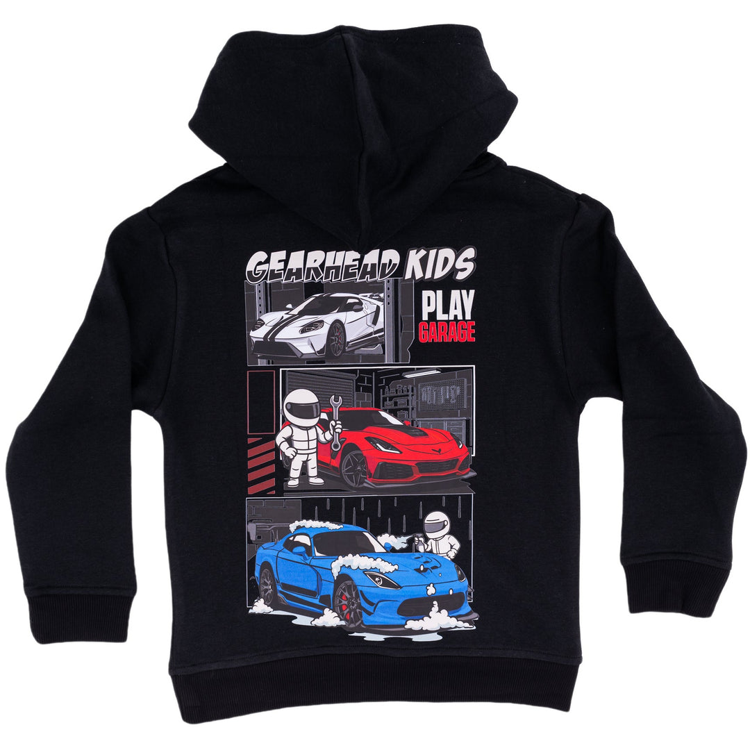 Back of a Gearhead Kids hoodie featuring American Muscle cars: white Ford GT, Red Corvette ZR1, and Blue Dodge Viper ACR with large wing. Kids automotive streetwear.