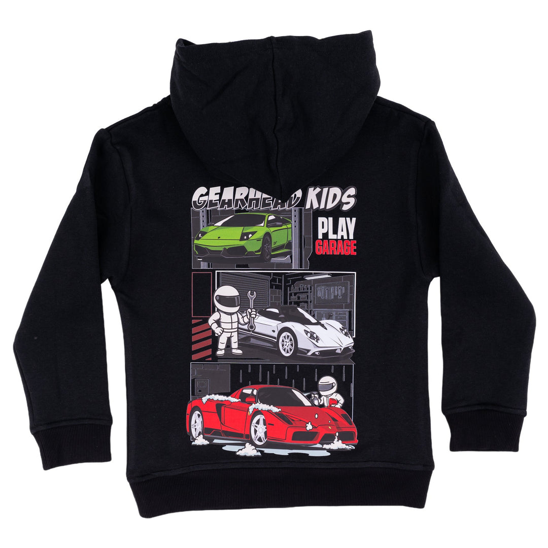 Back of a black Gearhead Kids hoodie featuring Italian Legends: Red Ferrari Enzo, Green Lamborghini Murcielago SV, and Silver Pagani Zonda. Kids luxury car enthusiast apparel.
