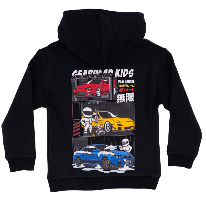Back of black Gearhead Kids hoodie featuring JDM Legends: Blue Nissan Skyline R34 GTR, yellow Toyota Supra MK4, and Red Mazda RX7 FD. Japanese tuner car apparel for kids.