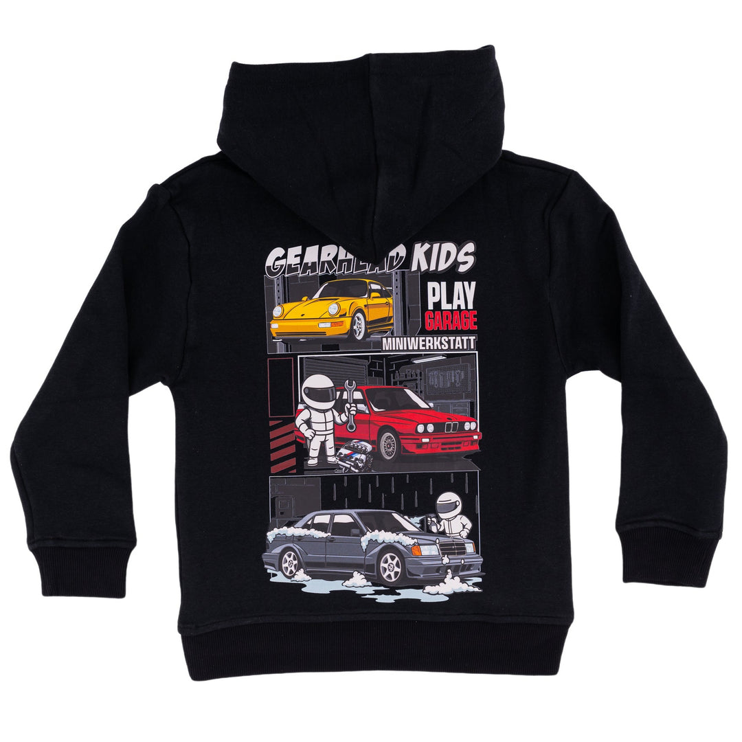 Back graphic of a Gearhead Kids hoodie showing a BMW E30 M3, Mercedes 190E Evo 2, and Porsche 911 964. Automotive graphic hoodie for children